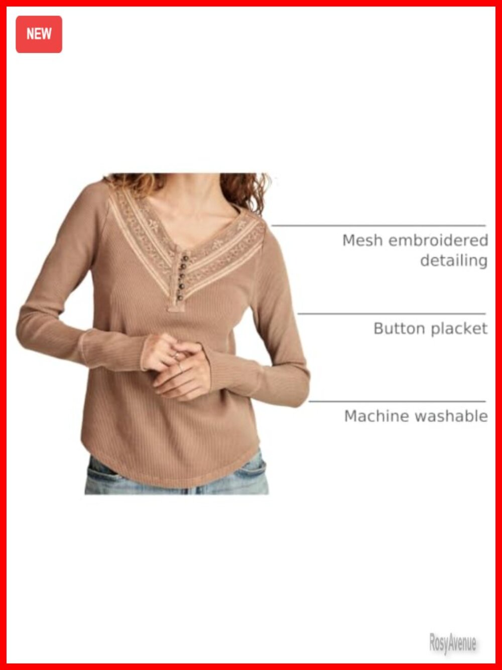 Embroidered Mesh Yoke Henley Top Long Sleeve V-Neck Casual - Picture 3 of 5